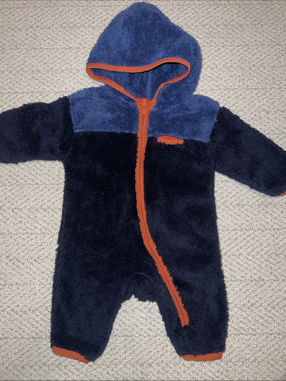 Old Navy Navy and Blue Plush Hooded Baby One-Piece with Orange Trim